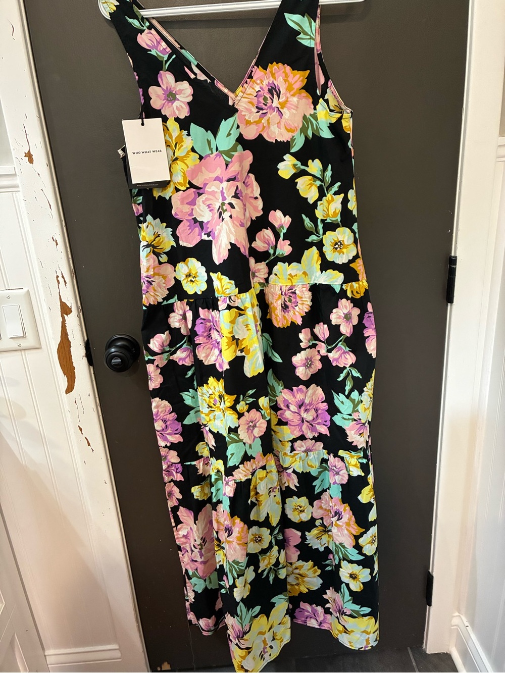 Gorgeously made Black Floral Tiered Maxi Dress with Pastel Blooms